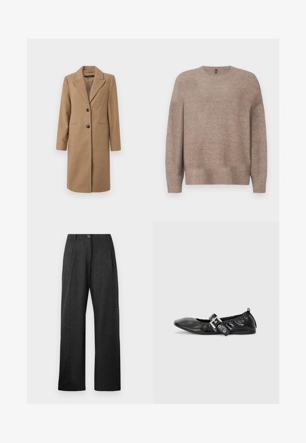 Bruine visgraatjas met een notch-uitsnijding, enkelvoudige knoopsluiting, twee knopen en zijzakken. Glad de Consequentie, knie-lange ontwerp.; Beige gebreide trui met een ronde halslijn, lange mouwen, geribbelde zoom en manchetten, met een zachte, textuurafwerking.; Donkergrijze high-waist broeken met een knoopsluiting, plooien aan de voorkant, riemlussen en brede rechte pijpen.; Zwarte leren platte schoen met een spitse neus, geplooide details rond de opening en een zilveren gespaccentueerde verstelbare band.