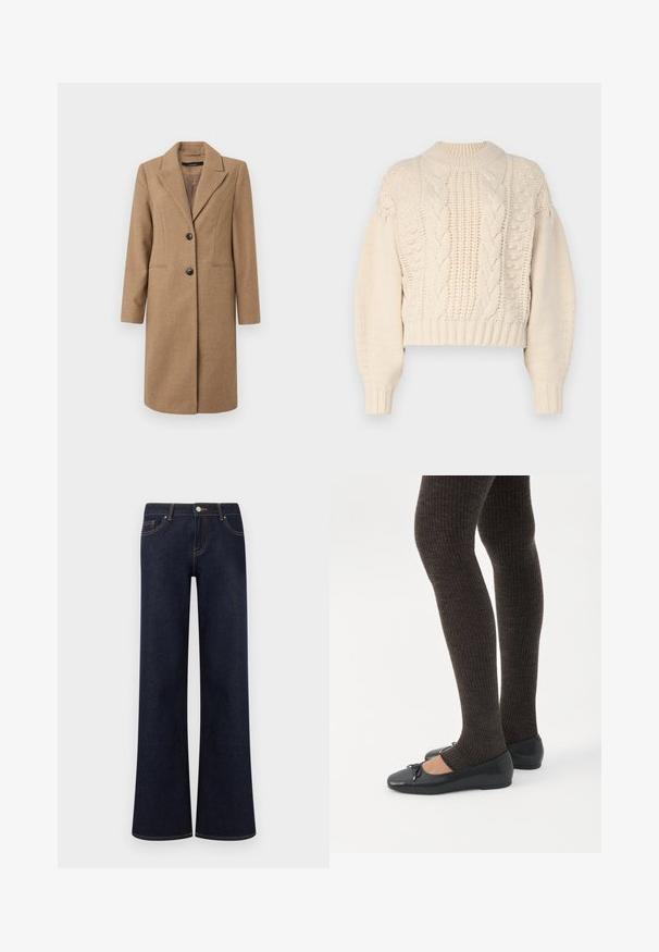 Brun hørfilstribet frakke med nedskåret revers, enkeltrækket front, to knapper og sidelommer. Glat tekstur, knælangt design.; Creme cropped sweater med tekstureret strik, der har kabelmønstre og ribbede ærmer. Stoffet ser blødt og chunky ud.; Mørkeblå vidde denimjeans med forlommer, knap- og lynlåslukning samt synlige kontrastsyninger.; Ben iført mørke ribbede leggings kombineret med sorte balletsko med små sløjfedetaljer på hvid baggrund.