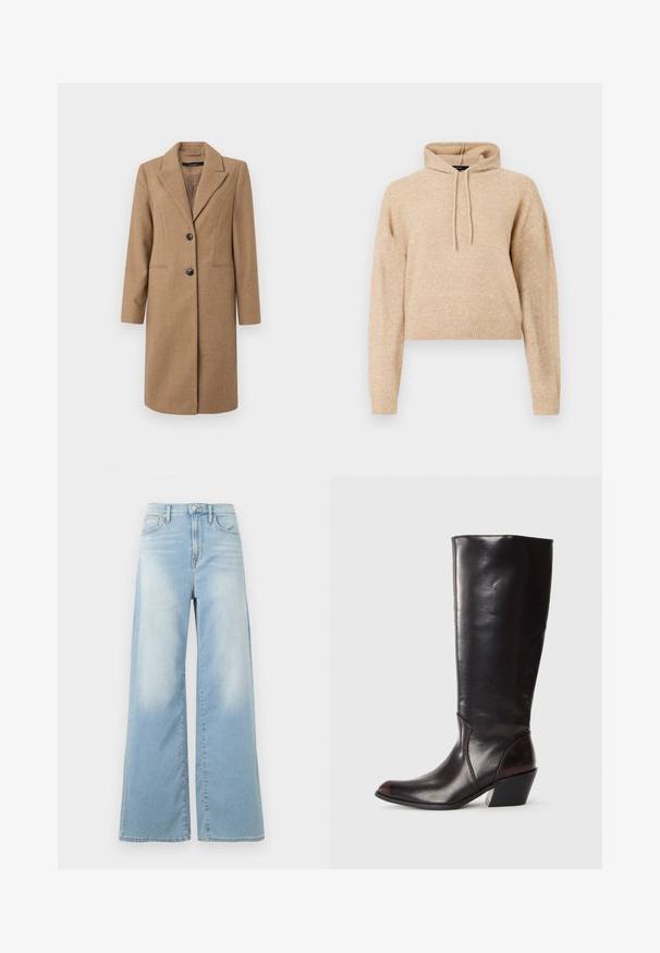 Brun hørfilstribet frakke med nedskåret revers, enkeltrækket front, to knapper og sidelommer. Glat tekstur, knælangt design.; Beige cropped striktrøje med lange ærmer og snorhætte, præsenteret på en hvid baggrund.; Lyseblå jeans med vide ben og høj talje, forrest med knapper og lommer, vist mod en hvid baggrund.; Knæhøj, mørkebrun læderstøvle med spids tå, vinkelret blokhæl og en glat, blank overflade. Har et enkelt design og syningsdetaljer.