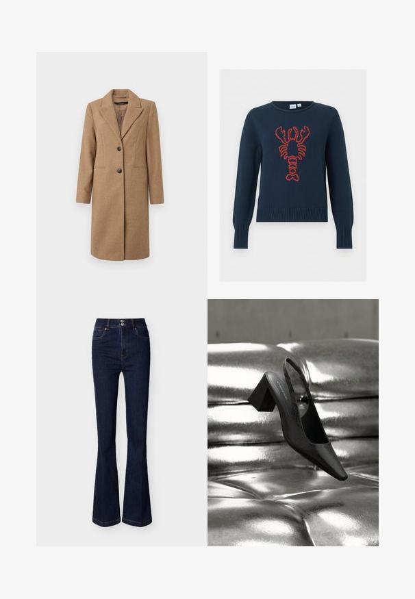Brun hørfilstribet frakke med nedskåret revers, enkeltrækket front, to knapper og sidelommer. Glat tekstur, knælangt design.; Marineblå strikket sweater med stort rødt hummertilbage centralt foran, med ribstrikkede ærmegab og kant.; Mørkeblå, højtaljede denimjeans med vide ben, forlommer og dobbelt knaplukning i taljen.; Sort slingback-hæl med spids tå, der har en tekstureret overflade og en chunky blokhæl. Lagt mod en skinnende, metallisk baggrund.