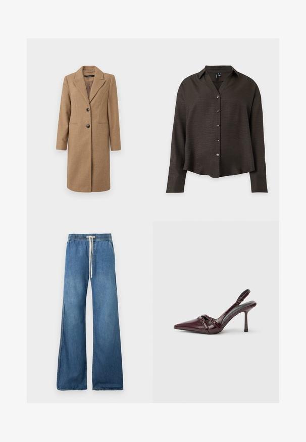 Bruine visgraatjas met een notch-uitsnijding, enkelvoudige knoopsluiting, twee knopen en zijzakken. Glad de Consequentie, knie-lange ontwerp.; Donkerbruine blouse met lange mouwen, knopen, kraag en gestructureerde stof, getoond tegen een effen lichte achtergrond.; Wijde blauwe spijkerbroek met elastische tailleband en witte aantrekkoord, met zijzakken en een ontspannen pasvorm.; Bordeauxrode lakleren slingback met puntige neus, dunne enkelband en kleine decoratieve gespsluiting. Gladde textuur en hoge hak.