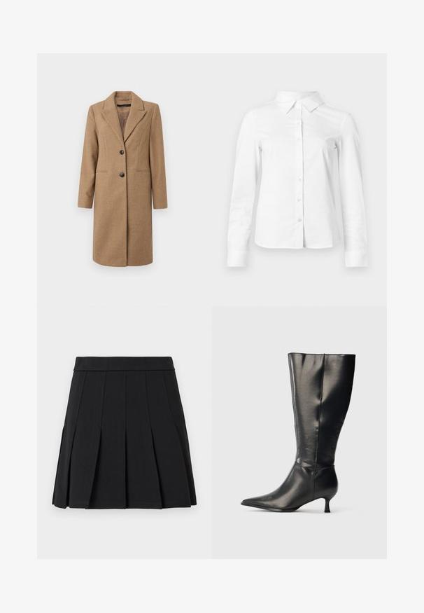 Brun hørfilstribet frakke med nedskåret revers, enkeltrækket front, to knapper og sidelommer. Glat tekstur, knælangt design.; Hvid skjorte med lange ærmer, knapper, spids krave, lige kant og tætsiddende silhuet, vist på en ensartet lys baggrund.; Sort plisseret nederdel lavet af et glat materiale. Har en bred linning og flere knivfolder, der går lodret.; Sort knæhøj læderstøvle med spids tå og lav kittenhæl, vist på en enkel lys baggrund.