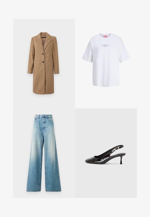 Brauner Fischgrätmantel mit Reverskragen, einreihiger Vorderseite, zwei Knöpfen und seitlichen Taschen. Glatte Textur, knielanges Design.; Weißes T-Shirt mit kurzen Ärmeln und Rundhalsausschnitt, auf der Brust mit kleinem lila-schwarzem Schriftzug "Matcha Latte Club" und einem rosa Halslabel.; Helle blaue, weit geschnittene Denim-Jeans mit ausgewaschenen Bereichen. Sie verfügen über eine hohe Taille, ein Standard-Fünf-Taschen-Design und einen Metallknopfverschluss.; Schwarzer Slingback-Schuh aus Lackleder mit spitzer Zehenpartie, silberner Schnalle und mittelhohem Kitten-Heel auf hellem einfarbigem Hintergrund.