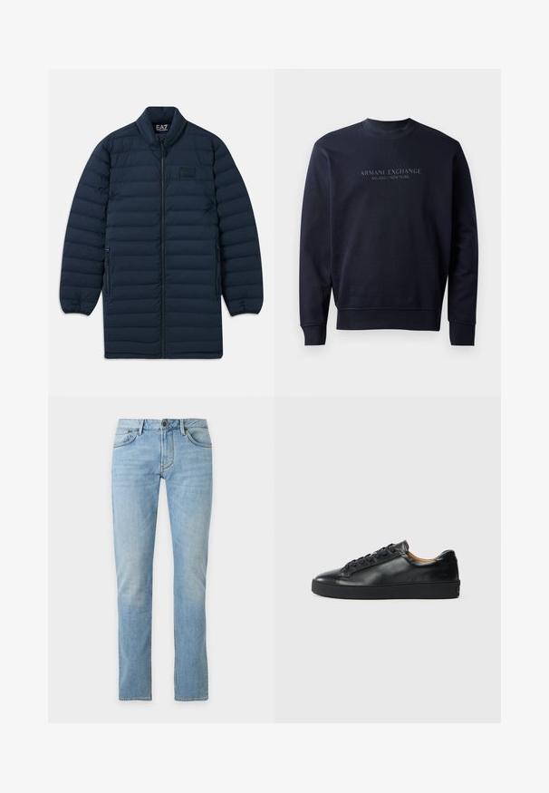 Tumedast sinine pikk puffjakker, millel on esiküljel lukku, seisva kraega, lukuga küljetaskud ja diskreetne EA7 Emporio Armani logo rinnal.; Tumedat sinine sviitr, mis on valmistatud pehmest materjalist, omades meeskonna kaelust ja soonikutega mansette, millel on embosseeritud tekst "ARMANI EXCHANGE MILANO / NEW YORK".; Heledat sinist sirge säärega teksapüksid eest taskute, vööaasade ja nööpidega kinnitusega plaanilisel taustal.; Musthave nahkast kingad sujuva tekstuuriga, ümara toe jastringsidega sulgemisega. Omab paksu kummist tallat ja minimaalset brändi detaili.
