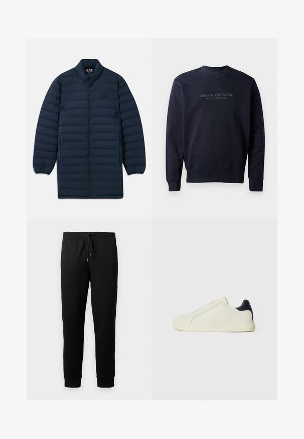 Marineblå lang pufferjakke med frontlynlås, ståkrave, lynlåsede sidelommer og subtilt EA7 Emporio Armani-logo på brystet.; Marineblå sweatshirts lavet af blødt materiale, med rund hals og ribbede ærmer, prydet med præget tekst "ARMANI EXCHANGE MILANO / NEW YORK".; Sorte joggingbukser lavet af blødt stof med elastisk livvidde og snøre. Har tapered ben med ribbede manchetter.; Hvide lædersneakers med en navalæderdetalje ved hælen, rund tå, flad gummisål og snørebånd foran med seks øjetræk.