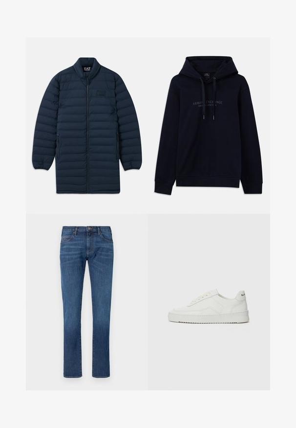 Námornícka modrá dlhá pérová bunda s predným zipsom, stojatým golierom, zipsovými bočnými vreckami a nenápadným logom EA7 Emporio Armani na hrudi.; Námornícka modrá mikina s kapucňou a šnúrkami, na hrudi s potlačou "Armani Exchange Milano / New York", s rebrovanými manžetami a lemom.; Modré riflové nohavice so strihom priamo na nohe, s klasickým dizajnom piatich vreciek a zapínaním na gombíky. Jemné blednutie cez textúru látky.; Biele kožené tenisky s hladkým povrchom, okrúly špičkový dizajn, ploché šnúrky a textúrovaná podrážka. Obsahujú jemné logo na päte.