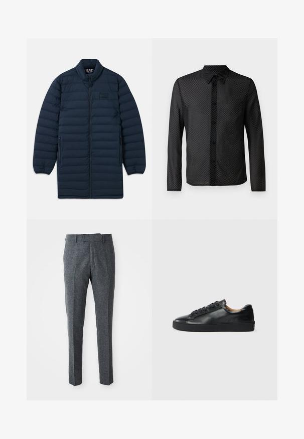 Námornícka modrá dlhá pérová bunda s predným zipsom, stojatým golierom, zipsovými bočnými vreckami a nenápadným logom EA7 Emporio Armani na hrudi.; Čierna košeľa s gombíkovým zapínaním, dlhými rukávmi a bielymi bodkami, vyrobená z ľahkej, priesvitnej látky.; Sivé vlnené nohavice s úzkym strihom, plochým predným dielom a dvoma bočnými vreckami. Majú hladkú textúru a jemný vzor tkania.; Čierne kožené tenisky s hladkým povrchom, okrúhlou špičkou a šnúrkami. Majú hrubú gumenú podrážku a minimálne značkové detaily.