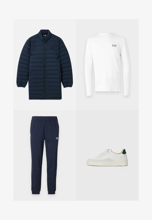 Marineblå lang pufferjakke med frontlynlås, ståkrave, lynlåsede sidelommer og subtilt EA7 Emporio Armani-logo på brystet.; Hvid langærmet T-shirt lavet af bomuld, med et lille sort EA7-logo på venstre brystområde. Enkel design med rund halsudskæring.; Mørkeblå sweatpants med elastisk talje og manchetter. Har et lille hvidt logo på venstre ben. Fremstillet af et blødt, strækbart materiale.; Hvide sneakers med ruskindsdetaljer, rund tå, flade snørebånd og en cremet gummisål. Har grøn branding på hælen.
