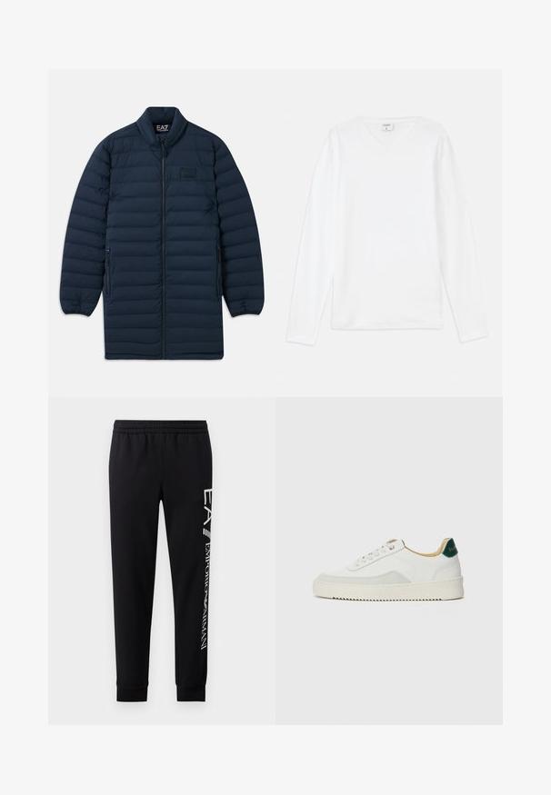 Námornícka modrá dlhá pérová bunda s predným zipsom, stojatým golierom, zipsovými bočnými vreckami a nenápadným logom EA7 Emporio Armani na hrudi.; Biely dlhý rukáv s výstrihom do V, vyrobený z jemného materiálu, s voľným strihom a bočnými rozparkami pre pohodlný pohyb.; Čierne tepláky vyrobené z bavlnenej zmesi, s elastickým pásom, zúženými nohavicami, ribovanými manžetami a bielym logom na boku.; Biele tenisky s semišovými akcentmi, zaoblenou špičkou, plochými šnúrkami a krémovou gumovou podrážkou. Na päte sú zelené značky.