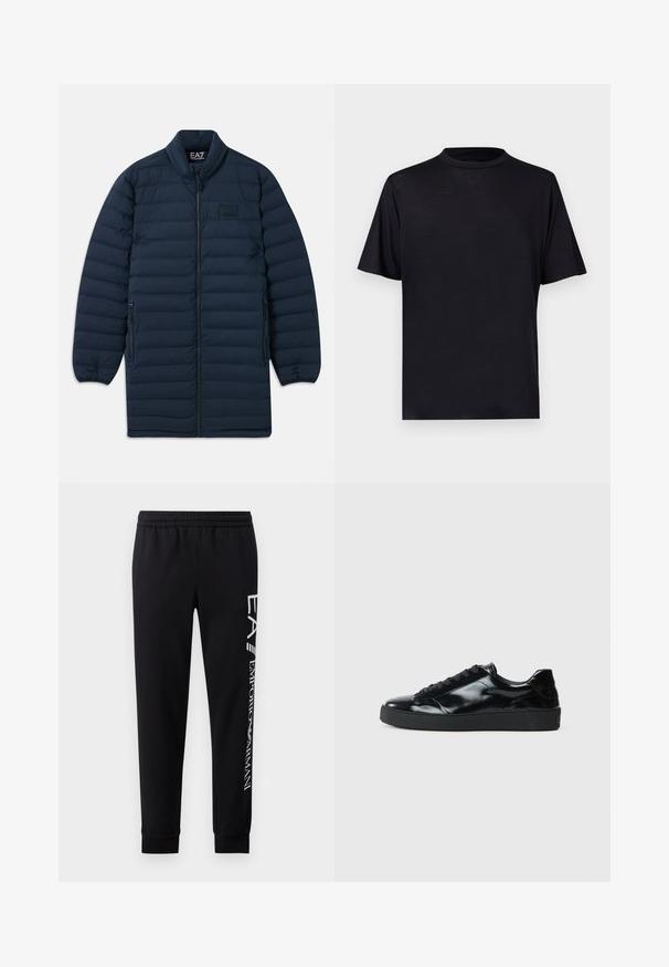 Marineblå lang pufferjakke med frontlynlås, ståkrave, lynlåsede sidelommer og subtilt EA7 Emporio Armani-logo på brystet.; Sort T-shirt med korte ærmer og høj hals, lavet af en glat, letvægtsstof, med et minimalistisk design uden mønstre eller detaljer.; Sorte sweatpants lavet af en bomuldsblanding, med elastisk talje, smalle ben, ribbede manchetter og hvidt logo print langs siden.; Sorte laklæder sneakers med rund tå, snørredesign, tekstureret gummisål og en glat overflade.