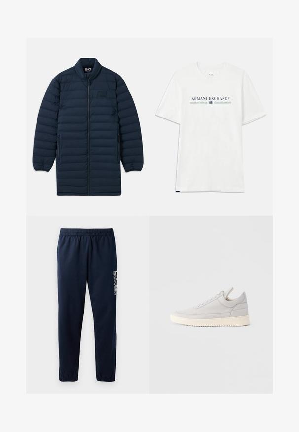Tumedast sinine pikk puffjakker, millel on esiküljel lukku, seisva kraega, lukuga küljetaskud ja diskreetne EA7 Emporio Armani logo rinnal.; Valge puuvillane T-särk lühikeste varrukatega, millel on sinine ja roheline "ARMANI EXCHANGE" logo ning all keskpunktis "1991".; Tume sinised dressipüksid elastse vöökoha, kitsenevate jalgade ja valge logoga küljel. Sile kangas kergesti ja õhuliselt.; Helehall nahast toss, millel on tekstuuriga küljed, eespaelad ja kreemikas kummist tallad. Omab siledat varbakatet ja minimalistlikke disainielemente.