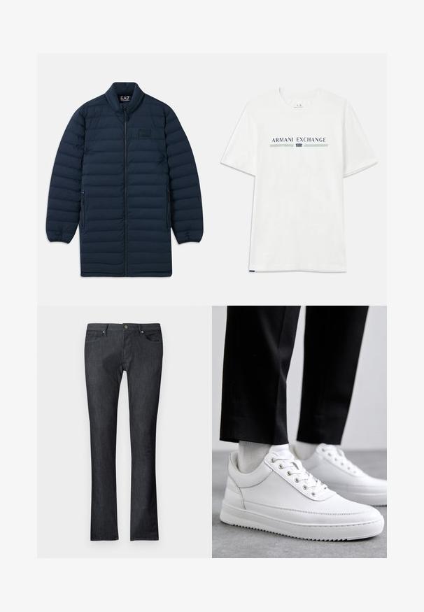 Abrigo largo de plumas azul marino con cremallera frontal, cuello alzado, bolsillos laterales con cremallera y sutil logotipo EA7 Emporio Armani en el pecho.; Camiseta de algodón blanca de manga corta, con un logo en azul y verde de "ARMANI EXCHANGE" y "1991" centrado debajo.; Pantalones vaqueros de mezclilla oscura con corte recto, que cuentan con bolsillos frontales y traseros, cierre con botón metálico y detalles de costura sutiles.; Zapatillas de cuero blanco con una suela de goma plana, que presentan un acabado suave, punta redonda y ojetes de metal para los cordones. Llevadas con pantalones negros.