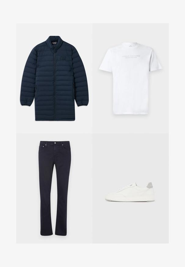 Navyblauer langer Pufferjacke mit Frontreißverschluss, Stehkragen, seitlichen Reißverschluss-Taschen und dezentem EA7 Emporio Armani Logo auf der Brust.; Weißes Baumwoll-T-Shirt mit Rundhalsausschnitt, kurzen Ärmeln und geprägt "ARMANI EXCHANGE MILANO/NEW YORK" Logo auf der Vorderseite.; Navyblaue Baumwollhose mit geradem Bein, ausgestattet mit Fronttaschen, einem Reißverschluss und metallischen Akzenten.; Weißer Sneaker mit niedrigem Schaft, grauem Fersenlaschen, weißen Schnürsenkeln und einer strukturierten Sohle, dargestellt vor einem schlichten hellen Hintergrund.