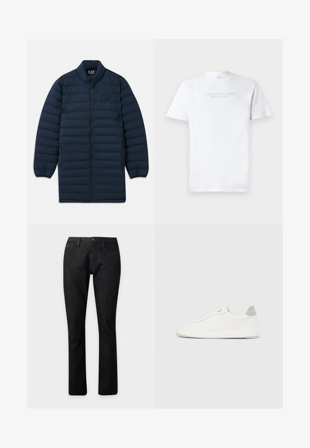 Marineblå lang pufferjakke med frontlynlås, ståkrave, lynlåsede sidelommer og subtilt EA7 Emporio Armani-logo på brystet.; Hvid bomulds T-shirt med rund halsudskæring, korte ærmer og prægede "ARMANI EXCHANGE MILANO/NEW YORK" logo på fronten.; Sorte jeans med lige ben, frontlås med knap og lynlås, bæltestropper og design med fem lommer.; Hvid lavtop-sneaker med gråt hælflig, hvide snørebånd og tekstureret sål, vist på en ensfarvet lys baggrund.