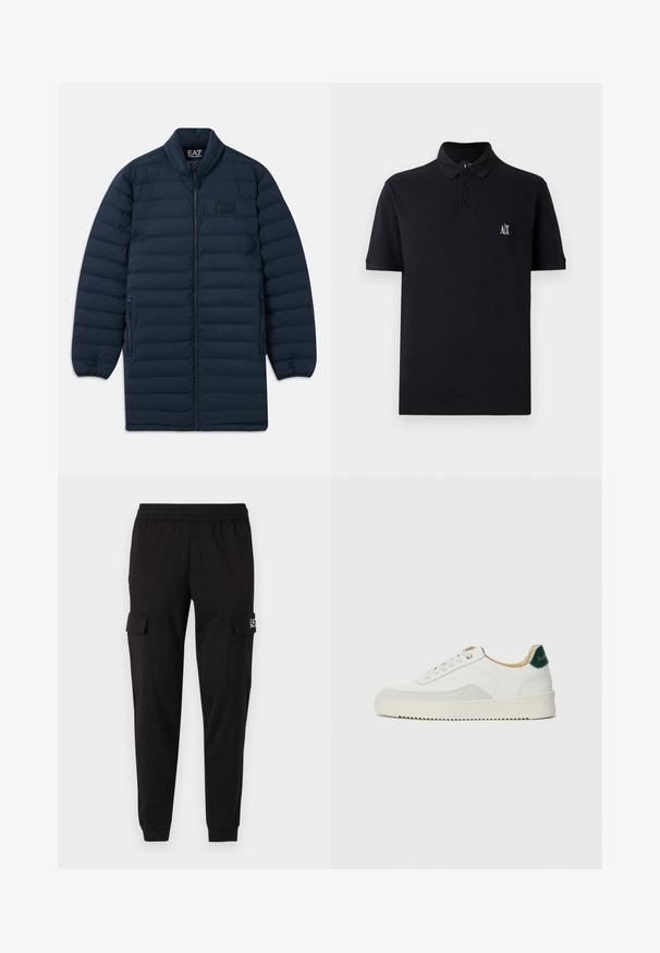 Marineblå lang pufferjakke med frontlynlås, ståkrave, lynlåsede sidelommer og subtilt EA7 Emporio Armani-logo på brystet.; Sort polo skjorte lavet af bomuld, med en kort krave, tre knapper og et lille broderet logo på brystet. Enkelt design, korte ærmer.; Sorte cargobukser med elastisk talje, to sidelommer og logodetaljer på venstre side. Glat tekstur, der bliver smallere ved anklerne.; Hvide sneakers med ruskindsdetaljer, rund tå, flade snørebånd og en cremet gummisål. Har grøn branding på hælen.