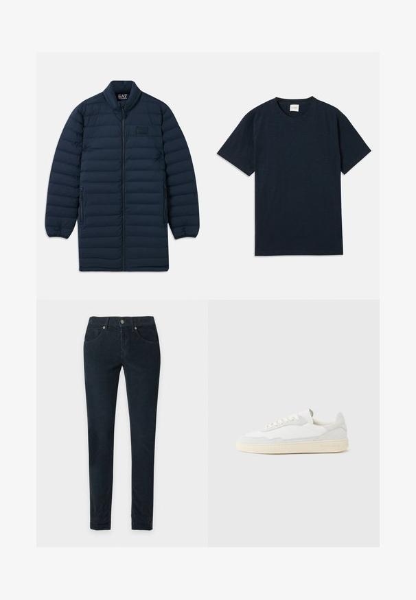 Doudoune longue bleu marine avec fermeture éclair à l'avant, col montant, poches latérales zippées et logo discret EA7 Emporio Armani sur la poitrine.; T-shirt à manches courtes en bleu marine uni avec un petit logo embossé près de l'ourlet inférieur.; Pantalon en velours côtelé noir coupe slim avec fermeture frontale à boutons et poches, présenté à plat sur fond blanc.; Baskets blanches avec dessus en daim et cuir texturé. Caractérisées par un bout arrondi, une fermeture à lacets et une semelle en caoutchouc beige contrastante.