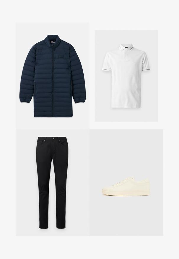 Marineblauwe lange pufferjas met een rits aan de voorkant, opstaande kraag, ritszakken aan de zijkanten en een subtiel EA7 Emporio Armani-logo op de borst.; Witte polo met korte mouwen met zwarte bies op de kraag en mouwranden, met knoopsluiting en een effen voorkant.; Zwarte, slim-fit herenbroek met knoop aan de voorkant, ritssluiting, riemlussen en een ontwerp met vijf zakken op een effen lichte achtergrond.; Slofkleurige sneaker met een glad leren bovenwerk, ronde neus, vetersluiting en een geribbelde rubberen zool. Minimalistisch ontwerp, zonder logo's.