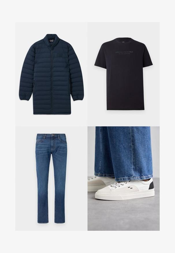 Marineblauwe lange pufferjas met een rits aan de voorkant, opstaande kraag, ritszakken aan de zijkanten en een subtiel EA7 Emporio Armani-logo op de borst.; Zwarte katoenen t-shirt met korte mouwen, ronde hals en een iets relaxte pasvorm. Voorzien van "ARMANI EXCHANGE MILANO / NEW YORK" in donkergrijze tekst.; Blauwe spijkerbroek met rechtvallende pijpen, voorzien van een klassiek ontwerp met vijf zakken en een knoopsluiting. Subtiele vervaging over de stoftextuur.; Witte en zwarte sneakers met een glad leren bovenwerk, textuuraccenten en een chunky witte zool. Heeft een klassiek vetersluiting ontwerp.