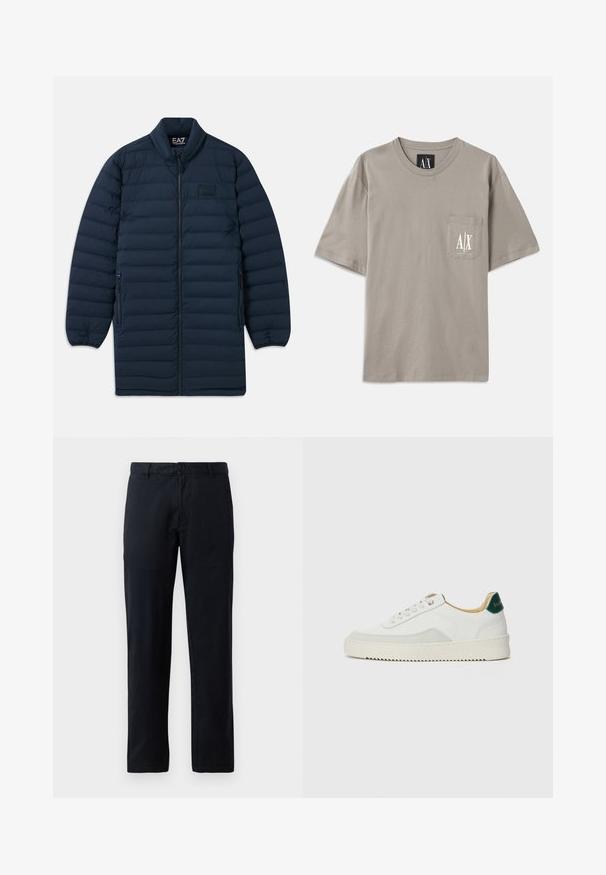 Navyblauer langer Pufferjacke mit Frontreißverschluss, Stehkragen, seitlichen Reißverschluss-Taschen und dezentem EA7 Emporio Armani Logo auf der Brust.; Graues T-Shirt mit kurzen Ärmeln aus Baumwolle, ausgestattet mit einer Tasche auf der linken Brust mit einem weißen Logodesign. Rundhalsausschnitt, lässige Passform.; Schwarze gerade geschnittene Hose aus einem glatten Stoff. Verfügt über einen einzelnen Knopfverschluss und Gürtelschlaufen, ohne sichtbare Muster oder Akzente.; Weiße Sneaker mit Wildlederelementen, runder Zehenpartie, flachen Schnürsenkeln und einer cremefarbenen Gummisohle. Mit grünen Markenlogo am Fersenbereich.