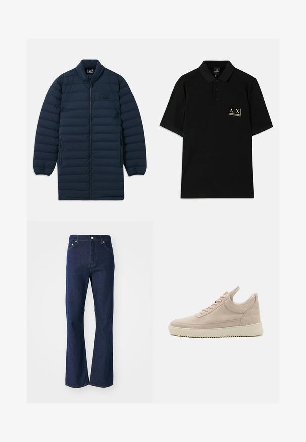 Námornícka modrá dlhá pérová bunda s predným zipsom, stojatým golierom, zipsovými bočnými vreckami a nenápadným logom EA7 Emporio Armani na hrudi.; Čierna polokošeľa vyrobená z bavlny, so zapínaním na tri gombíky a zlatou vyšitou logom na ľavej hrudi. Krátke rukávy, klasický strih.; Zúžené tmavomodré džíny vyrobené z denimu. Má päť vreciek, predný zips a kovový gombík na zapínanie. Klasické švy ako doplnok.; Béžové semišové tenisky s okrúhlym špičkou, bielou podrážkou a plochými šnúrkami. Obsahujú pútko na päte a textúrované bočné panely.