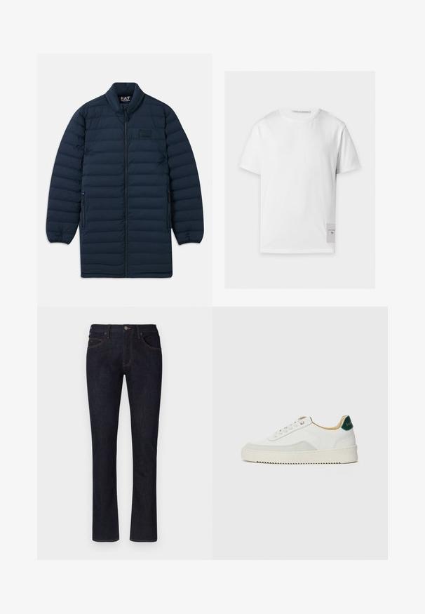 Abrigo largo de plumas azul marino con cremallera frontal, cuello alzado, bolsillos laterales con cremallera y sutil logotipo EA7 Emporio Armani en el pecho.; Camiseta blanca lisa de manga corta con escote redondo y una pequeña etiqueta rectangular con texto de la marca cerca del dobladillo inferior en el lado derecho.; Vaqueros de mezclilla azul oscuro con corte recto, diseño de cinco bolsillos, costuras cobre y cierre frontal con botón. Textura suave, estilo clásico.; Zapatilla blanca con acentos de ante, puntera redondeada, cordones planos y suela de goma color crema. Presenta un logo verde en el talón.