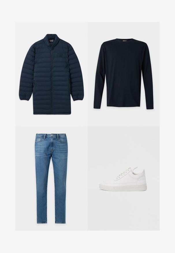 Námornícka modrá dlhá pérová bunda s predným zipsom, stojatým golierom, zipsovými bočnými vreckami a nenápadným logom EA7 Emporio Armani na hrudi.; Jednoduché čierne tričko s dlhým rukávom a okrúhlym výstrihom, s pravidelným strihom, zobrazené na bielom pozadí.; Pánske modré rifľové nohavice so strihom rovnej nohy, predným gombíkom, zipsom a dizajnom s piatimi vreckami na jednoduchom svetlom pozadí.; Biela kožená teniska s okrúhlou špičkou, plochou podrážkou a šnurovaním vpredu. Má švy a polstrovaný golier pre pohodlie.