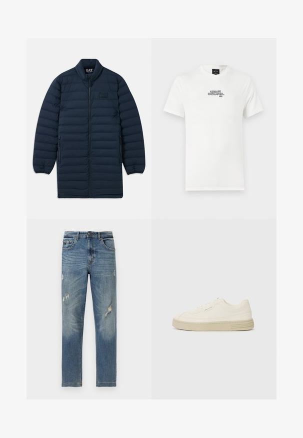 Abrigo largo de plumas azul marino con cremallera frontal, cuello alzado, bolsillos laterales con cremallera y sutil logotipo EA7 Emporio Armani en el pecho.; Camiseta de algodón blanca con un logo bordado en negro "ARMANI EXCHANGE N.Y." en el pecho. Mangas cortas y un cuello clásico en forma de barco.; Jeans azules de corte recto con lavado desgastado y rasgaduras desgastadas en muslos y rodillas, con bolsillos delanteros y traseros y trabillas para cinturón.; Zapatillas de lona blancas con suela de goma texturizada, que cuentan con una puntera cosida y un acento de logo en el talón. Diseño simple de cordones.