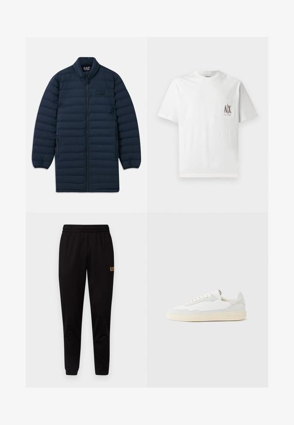 Marineblauwe lange pufferjas met een rits aan de voorkant, opstaande kraag, ritszakken aan de zijkanten en een subtiel EA7 Emporio Armani-logo op de borst.; Witte katoenen t-shirt met korte mouwen, een ronde halslijn en een linkerklepzak met geborduurd "A|X" logo in bruin.; Zwarte sweatpants met een elastische tailleband, aangesloten boorden en een klein geel logo op het bovenste deel van het linkerdij. Zachte, gladde stofstructuur.; Witte sneaker met een bovenwerk van gestructureerd suède en leer. Voorzien van een afgeronde neus, vetersluiting en een contrasterende beige rubberen zool.