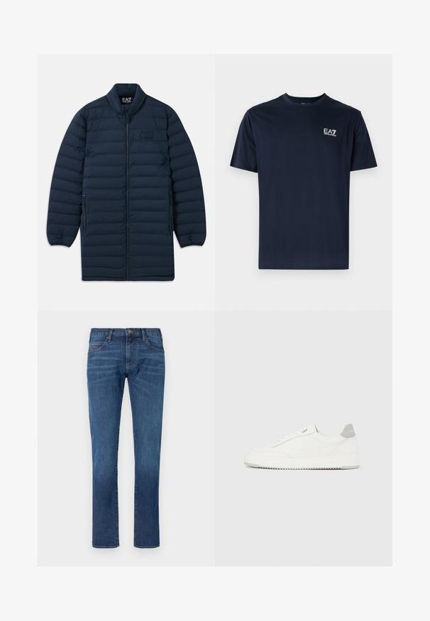 Námornícka modrá dlhá pérová bunda s predným zipsom, stojatým golierom, zipsovými bočnými vreckami a nenápadným logom EA7 Emporio Armani na hrudi.; Námornícky modré bavlnené tričko s krátkymi rukávmi, okrúhlym výstrihom a logom EA7 na ľavej hornej strane v bielej farbe. Hladká textúra, ležérny dizajn.; Modré riflové nohavice so strihom priamo na nohe, s klasickým dizajnom piatich vreciek a zapínaním na gombíky. Jemné blednutie cez textúru látky.; Biela nízka teniska so sivým pätovým pásikom, bielymi šnúrkami a členitou podrážkou, zobrazená na jednoduchom svetlom pozadí.