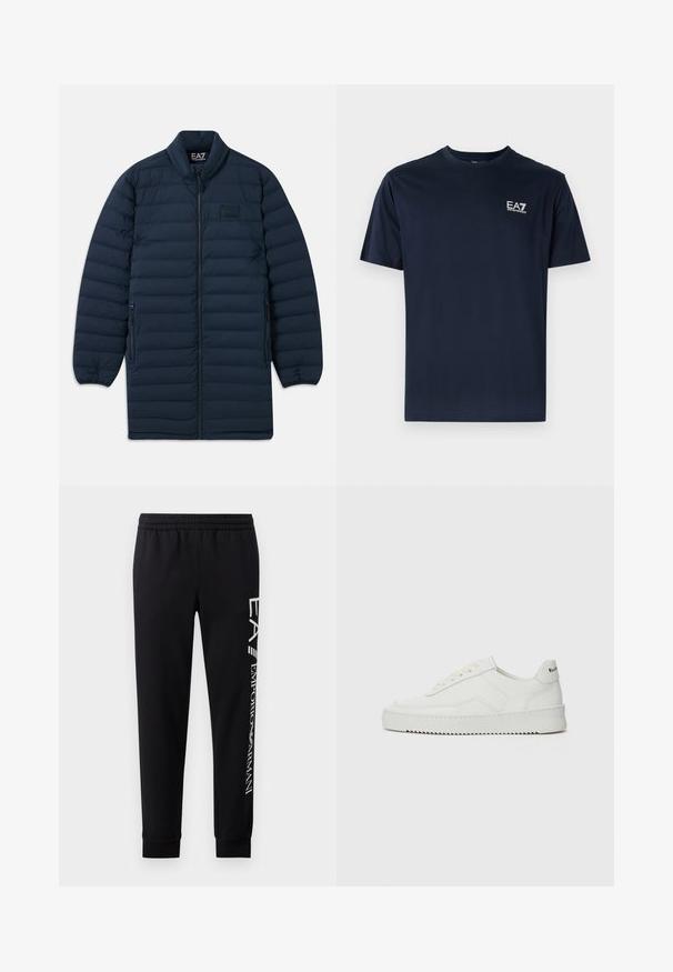 Marineblauwe lange pufferjas met een rits aan de voorkant, opstaande kraag, ritszakken aan de zijkanten en een subtiel EA7 Emporio Armani-logo op de borst.; Navyblauwe katoenen t-shirt met korte mouwen, ronde halslijn en EA7-logo aan de linkerbovenkant in het wit. Gladde textuur, casual ontwerp.; Zwarte sweatpants van een katoenmix, met een elastische tailleband, taps toelopende benen, ribgebreide boorden en een wit logo-opdruk langs de zijkant.; Witte leren sneaker met een gladde afwerking, ronde neus, platte veters en een gestructureerde zool. Kenmerkt zich door een subtiel logo op de hiel.