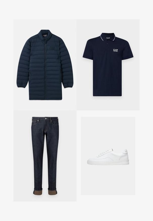 Navyblauer langer Pufferjacke mit Frontreißverschluss, Stehkragen, seitlichen Reißverschluss-Taschen und dezentem EA7 Emporio Armani Logo auf der Brust.; Navyblaue Poloshirt aus Baumwolle mit klassischem Kragen, einer Drei-Knopf-Leiste und weißen Akzenten entlang des Kragens und der Ärmel. EA7-Logo in Weiß.; Dunkelblaue Jeans aus Denim mit geradem Bein, ausgestattet mit einem umgeschlagenen Saum und einem markanten Akzent aus braunem Stoff auf den Bündchen.; Weißer Sneaker mit niedrigem Schaft, Schnürdesign, glattem Lederobermaterial und dicker Sohle, von der Seite auf einfachem Hintergrund gezeigt.