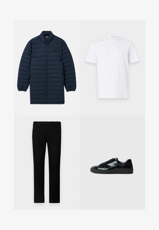 Námornícka modrá dlhá pérová bunda s predným zipsom, stojatým golierom, zipsovými bočnými vreckami a nenápadným logom EA7 Emporio Armani na hrudi.; Biely bavlnený tričko s okrúhlym výstrihom a krátkymi rukávmi. Hladká textúra, rovný strih a minimalistický dizajn bez vzorov alebo akcentov.; Čierne denimové nohavice s rovný strihom, so zapínaním na gombík, piatimi vreckami a jemnými švovými detailmi. Mäkkučký povrch a hladký finiš.; Čierne lakované kožené tenisky s okrúhlou špičkou, viazaním, textúrovanou gumenou podrážkou a hladkým povrchom.