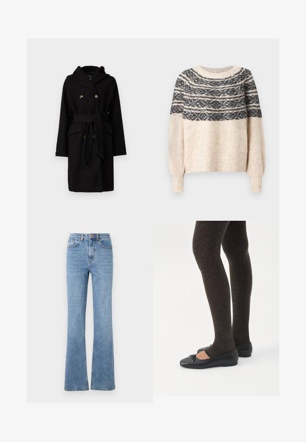 Sort uldfrakke med hætte, dobbeltradet design, to guldtonede knapper, bælte i taljen og forlommer. Glat tekstur og elegant form.; Cremefarvet og sort strikket sweater med mønstret yoke, ribbede manchetter og kant, præsenteret mod en ensfarvet baggrund.; Lys blå denimjeans med en flared benedesign, høj talje og minimal hardware. Har klassisk fem-lomme stil og diskret syning.; Ben iført mørke ribbede leggings kombineret med sorte balletsko med små sløjfedetaljer på hvid baggrund.