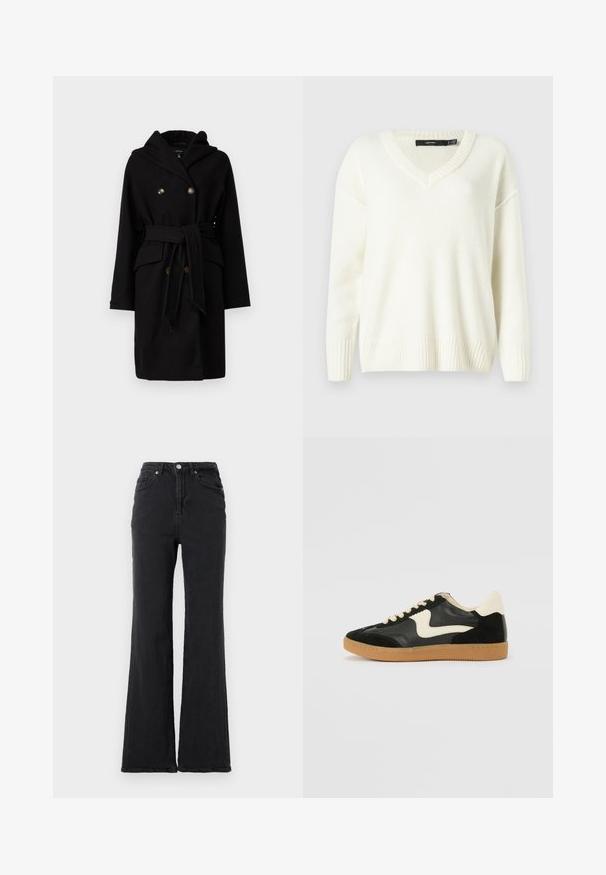 Sort uldfrakke med hætte, dobbeltradet design, to guldtonede knapper, bælte i taljen og forlommer. Glat tekstur og elegant form.; Hvid sweater med V-hals og ribbede manchetter og kant. Blød tekstur, løs pasform og sideslids. Etiketten er synlig ved halsen.; Sorte højtaljede denimjeans med flagrende ben, frontknap og fem-lommet design mod en helt hvid baggrund.; Sorte ruskinds- og lædersneakers med en cremefarvet side-swoosh og lys cremefarvet hæl. Har beige snørebånd og en gummirubber-sål.