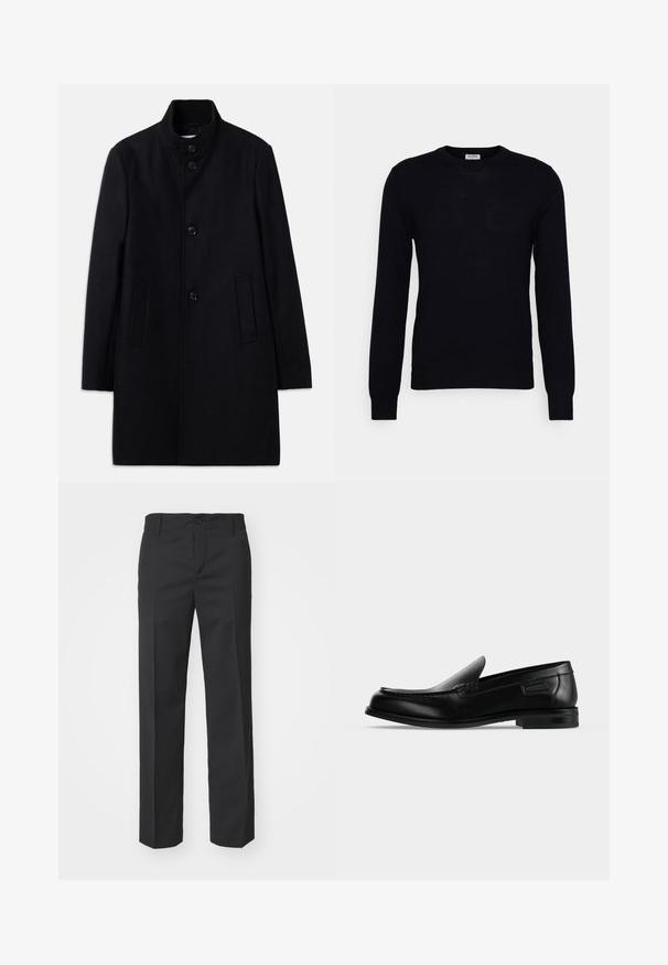 Manteau en laine noir avec un col haut, présentant six boutons à l'avant, deux poches latérales et une coupe droite. Texture lisse.; Pull noir à manches longues en tricot doux. Encolure ronde, poignets et ourlet côtelés. Design minimaliste sans motifs ni boutons visibles.; Filippa K TROY TROUSERS - Pantalon classique - black; Mocassin noir en cuir à enfiler avec un petit talon, un bout arrondi et des surpiqûres décoratives le long du bord supérieur.