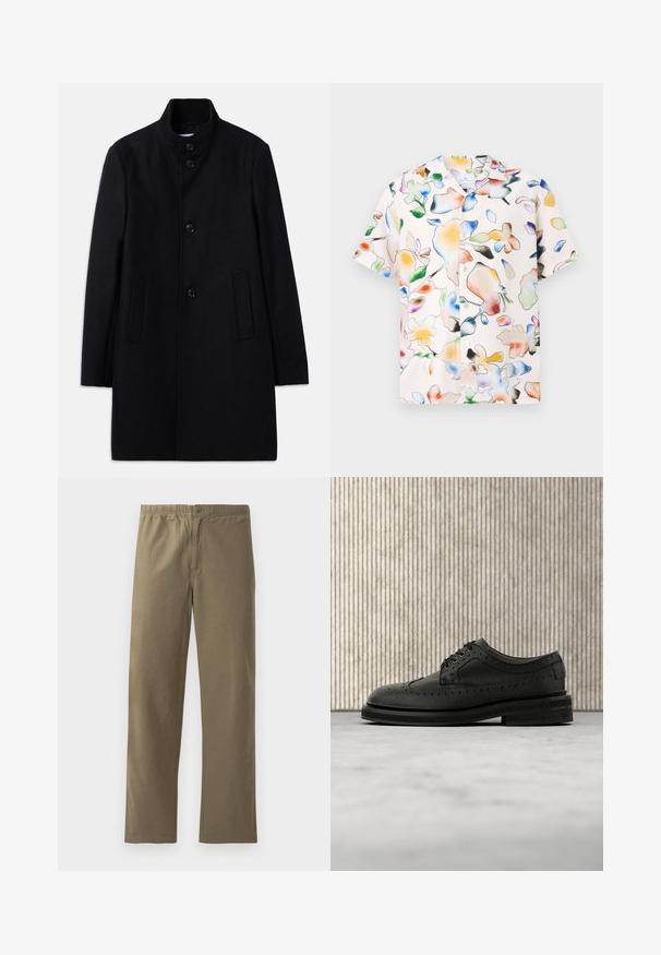 Manteau en laine noir avec un col haut, présentant six boutons à l'avant, deux poches latérales et une coupe droite. Texture lisse.; Chemise à manches courtes en tissu léger, présentant un imprimé floral coloré avec des formes variées sur un fond neutre et une fermeture à boutons.; Pantalons kaki en tissu léger. Dotés d'une taille élastique, d'une fermeture à boutons, de jambes droites et d'une texture lisse.; Chaussure Oxford en cuir noir avec surface texturée, bout arrondi et perforations décoratives ; équipée d'une semelle épaisse noire et d'un système à lacets.