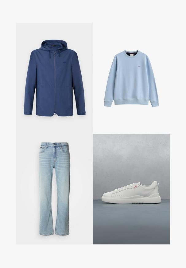 Veste légère bleu marine avec capuche, fermeture éclair intégrale et poignets élastiques. Présente un design minimaliste et un logo discret sur la poitrine.; Sweat-shirt bleu clair à col rond avec poignets et ourlet côtelés, avec un petit logo brodé sur le côté gauche de la poitrine.; Jeans en denim bleu clair avec une coupe droite, dotés de cinq poches, d'une fermeture à bouton et d'une légère décoloration sur le tissu.; Sneaker blanche avec une finition en cuir lisse, bout rond, quatre œillets, perforations subtiles et un détail de logo rouge sur le côté.