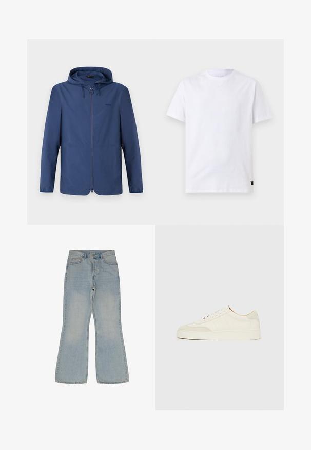Dunkelblaue, leichte Jacke mit Kapuze, praktischem Reißverschluss und elastischen Bündchen. Verfügt über ein minimalistisches Design und ein dezentes Logo auf der Brust.; Schlichtes weißes T-Shirt mit kurzen Ärmeln und Rundhalsausschnitt mit einem kleinen schwarzen Pflegeetikett am unteren Saum auf hellgrauem Hintergrund.; Helleblaue Schlagjeans aus Denim. Verfügt über fünf Taschen, einen Knopfverschluss und kontrastierende Nähte entlang der Nähte.; Weiße Wildleder-Sneaker mit glatter Oberfläche, rundem Zehenbereich, flachem Schnürdesign und kontrastierenden, strukturierten Akzenten. Mit einem dezenten Logodetail versehen.