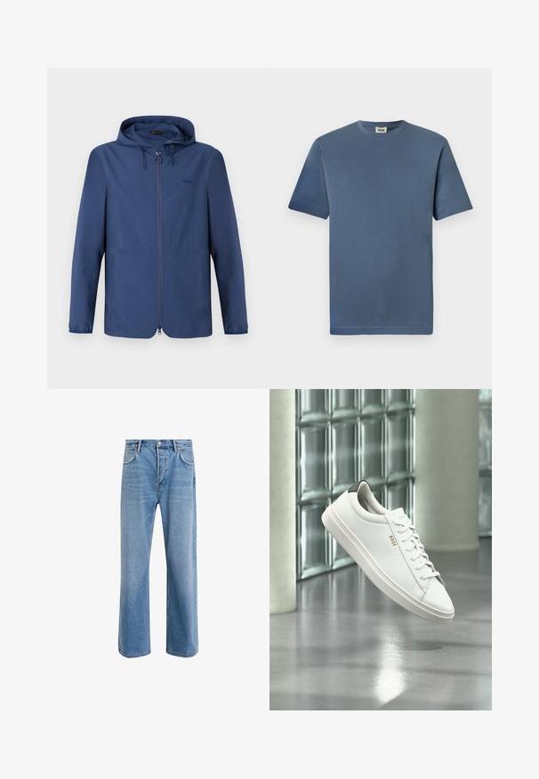 Veste légère bleu marine avec capuche, fermeture éclair intégrale et poignets élastiques. Présente un design minimaliste et un logo discret sur la poitrine.; T-shirt en coton bleu avec un col rond et des manches courtes. Présente une texture lisse et un ourlet droit. Pas de motifs ou graphiques visibles.; Jeans en denim bleu clair avec une coupe droite, cinq poches, fermeture à bouton, peu d'usure et des détails de couture contrastés.; Baskets basses en cuir blanc avec lacets, languette de talon noire et logo « BOSS », flottant à l'intérieur près d'un mur en blocs de verre et d'un sol poli.