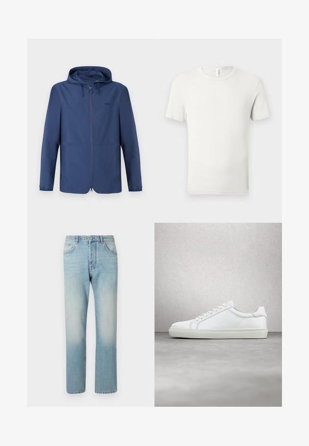 Dunkelblaue, leichte Jacke mit Kapuze, praktischem Reißverschluss und elastischen Bündchen. Verfügt über ein minimalistisches Design und ein dezentes Logo auf der Brust.; Einfaches weißes T-Shirt mit kurzen Ärmeln und Rundhalsausschnitt, flach auf einem hellgrauen Hintergrund ausgebreitet, mit einem kleinen Stoffetikett am Kragen.; Helle blaue Jeans aus Denim mit geradem Bein, fünf Taschen und einem ausgewaschenen Effekt an den Oberschenkeln.; Weißer Sneaker mit glattem Lederobermaterial und niedrigem Profil. Verfügt über eine runde Zehenpartie, sechs Ösen und eine strukturierte Gummisohle.