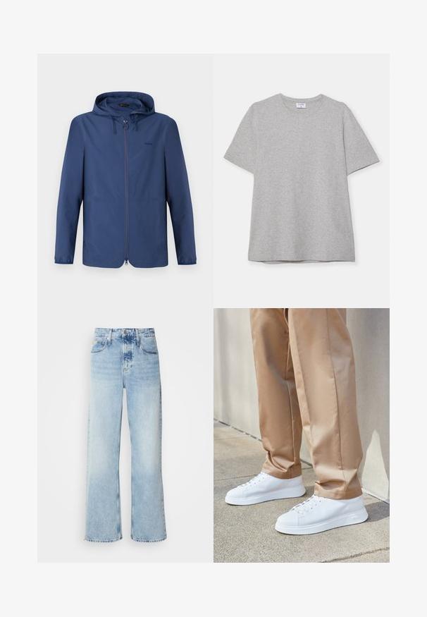 Dunkelblaue, leichte Jacke mit Kapuze, praktischem Reißverschluss und elastischen Bündchen. Verfügt über ein minimalistisches Design und ein dezentes Logo auf der Brust.; Graues T-Shirt mit kurzen Ärmeln aus weichem, strukturiertem Stoff. Verfügt über einen klassischen Rundhalsausschnitt und einen geraden Saum, geeignet für legere Trageanlässe.; Helle blaue weite Jeans mit hoher Taille, in verwaschenem Finish, mit Gürtelschlaufen und klassischem Fünf-Taschen-Design. Der Saum ist ungesäumt.; Weiße Leder-Sneaker mit glatter Oberfläche, runden Zehen, weißen Schnürsenkeln und einem minimalistischen Design. Tragen mit hellbraunen, schmal geschnittenen Hosen.