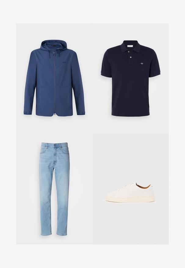 Tumesinine kerge jope kapuutsiga, täispikk tõmblukk ja elastsed mansetid. Omab minimalisti sissejuhatust ning diskreetset logo rinnal.; Tumesinine polo-särk, mis on valmistatud puuvillast, klassikalise krae, kahe nööbiga nööpplaani, lühikeste varrukate ja rinnal väikese brodeeritud logoga.; Heledad sinine teksapüksid sirge lõikega, viie tasku ja vöökohtadega. Kanga pind on sile ja seal on kerge fade-efekt.; Valge madala lõikega toss, millel on paeltega sulandumise disain, minimaalsete õmbluse detailidega ja koorevärvilise tallaga helehallil taustal.