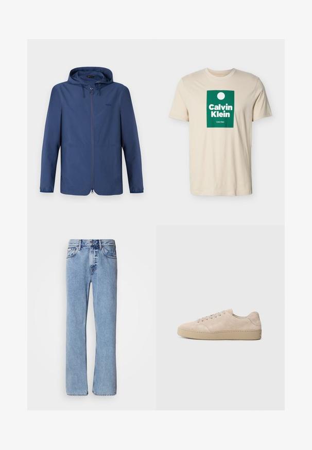 Marineblauwe lichtgewicht jas met een capuchon, volledige rits en elastische manchetten. Beschikt over een minimalistisch ontwerp en een subtiele logo op de borst.; Beige T-shirt met korte mouwen en een groen rechthoekig logo met een witte cirkel en de tekst "Calvin Klein" in dikke witte letters.; Lichtblauwe denim jeans met een recht ontwerp, vijf zakken en een knoopsluiting. Stikdetails nabij de zakken en de tailleband.; Beige suede sneaker met een ronde neus, platte veters en een gestructureerde rubberen zool. Minimalistisch ontwerp met gladde randen en subtiele stiksels.
