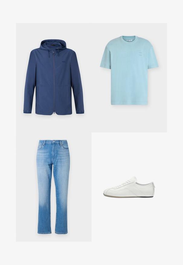 Dunkelblaue, leichte Jacke mit Kapuze, praktischem Reißverschluss und elastischen Bündchen. Verfügt über ein minimalistisches Design und ein dezentes Logo auf der Brust.; Hellblaues T-Shirt mit kurzen Ärmeln und Rundhalsausschnitt mit dezentem Logo auf der linken Brust, dargestellt auf weißem Hintergrund.; Hellblaue Jeans aus Denim mit einem geraden Bein-Schnitt, klassischem Fünf-Taschen-Design, Knopfverschluss und dezentem Ausbleichen nahe dem Saum.; Weißer Leder-Sneaker mit niedrigem Schaft, Schnürung vorne, dezenten Nahtdetails und flacher, dünner Sohle, seitlich dargestellt.