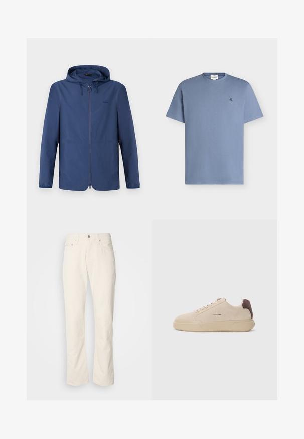 Dunkelblaue, leichte Jacke mit Kapuze, praktischem Reißverschluss und elastischen Bündchen. Verfügt über ein minimalistisches Design und ein dezentes Logo auf der Brust.; Hellblaues T-Shirt aus Baumwolle mit kurzen Ärmeln, Rundhalsausschnitt und kleinem schwarzem "cK" Logo auf der linken Brust.; Beige Baumwolljeans mit klassischem geradem Bein, ausgestattet mit einem Frontknopfverschluss, fünf Taschen und dezenten Nähdetails.; Beige Wildleder-Sneaker mit runder Spitze, Schnürung vorne und einem braunen Wildlederakzent an der Ferse. Verfügt über eine strukturierte Gummisohle.