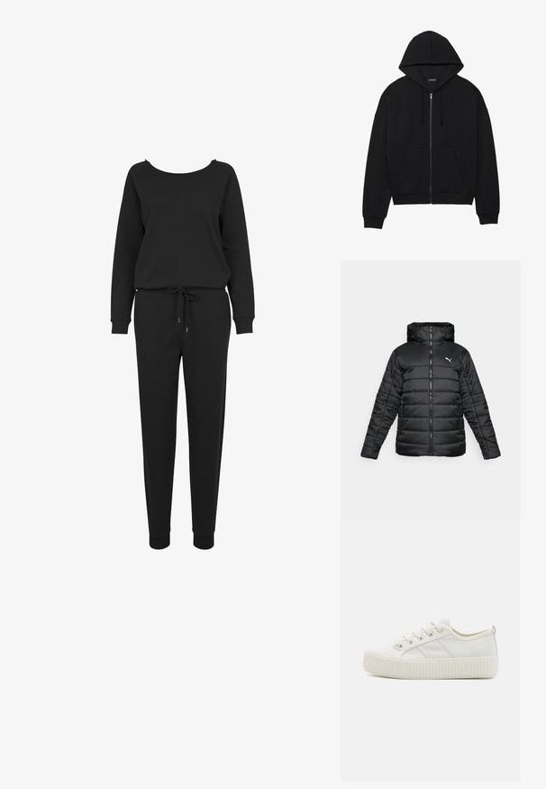Zwarte gewatteerde jas met een capuchon, voorrits en ton-sur-ton stiksels. Witte logo op de bovenste linkerkant van de borst. Glad, glanzend materiaal.; Zwarte sweat jumpsuit met lange mouwen, losse pasvorm, ronde hals, elastische tailleband, trekkoord en aansluitende cuffs bij de enkels. Zachte stoftextuur.; Zwarte zip-up hoodie van zachte stof, met een kangoeroezak, trekkoordkap en ribgebreide manchetten. Eenvoudig ontwerp en minimale details.; Witte canvas sneakers met een gestructureerde rubberen zool, ronde neus en vetersluiting met drie zijstrepen.