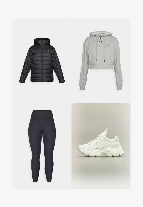 Veste rembourrée noire avec capuche, fermeture éclair à l'avant et couture ton sur ton. Logo blanc sur le haut du côté gauche de la poitrine. Tissu lisse et brillant.; Even&Odd active by Zalando Sweat à capuche - grey; Leggings noires côtelées taille haute avec un design ajusté, une texture lisse et une coupe longue. Dotés d'une ceinture large pour un meilleur maintien.; Baskets blanches épaisses avec semelle épaisse texturée, dessus en mesh et cuir, fermeture à lacets et languettes sur la languette et le talon.