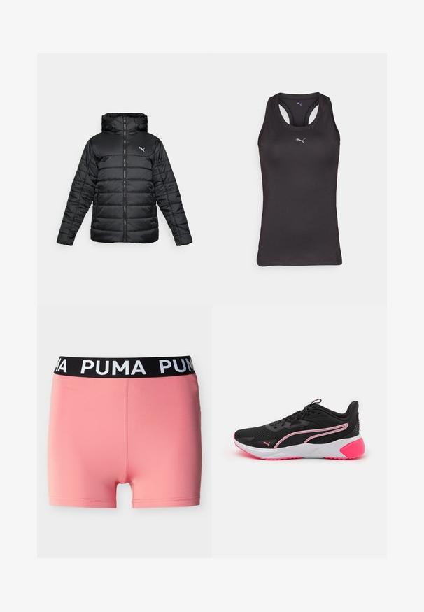 Chaqueta acolchada negra con capucha, cremallera frontal y costuras a tono. Logo blanco en la parte superior izquierda del pecho. Tejido suave y brillante.; Camiseta atlética negra sin mangas con un diseño de espalda racer, hecha de un tejido suave, que presenta un pequeño logo gris en el centro del frente.; Pantalones cortos deportivos rosa con una cintura elástica negra que presenta el texto blanco "PUMA", exhibidos sobre un fondo liso y claro.; Zapatillas deportivas negras con parte superior de malla, acentos rosas, media suela blanca y un logo distintivo. Presenta un diseño ligero y suela texturizada.