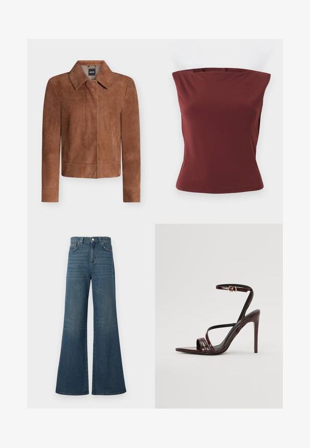 Veste en daim marron avec col pointu, manches longues, fermeture éclair dissimulée devant et poches latérales, présentée sur fond blanc.; Haut ajusté sans manches ni bretelles en tissu rouge foncé uni avec un décolleté droit et une texture lisse.; Jean large en denim bleu avec une taille haute. Comprend cinq poches, un devant avec bouton et fermeture éclair, et un léger délavage du tissu.; Sandale à talons hauts en cuir verni bourgogne avec une bride de cheville, bout pointu et trois bandes horizontales sur le pied. Détail de boucle dorée.