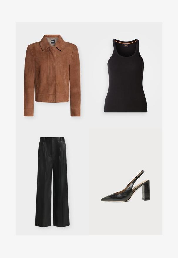 Veste en daim marron avec col pointu, manches longues, fermeture éclair dissimulée devant et poches latérales, présentée sur fond blanc.; Débardeur noir côtelé avec un col rond. Présente une coupe ajustée et un accent orange au niveau du col. Logo de la marque discrètement brodé à l'avant.; Pantalon noir à jambes larges en simili cuir, taille haute et détail de ceinture sur le côté, sur fond gris clair.; Chaussure slingback en cuir noir à bout pointu avec un talon bloc haut et une doublure intérieure beige sur un fond clair uni.